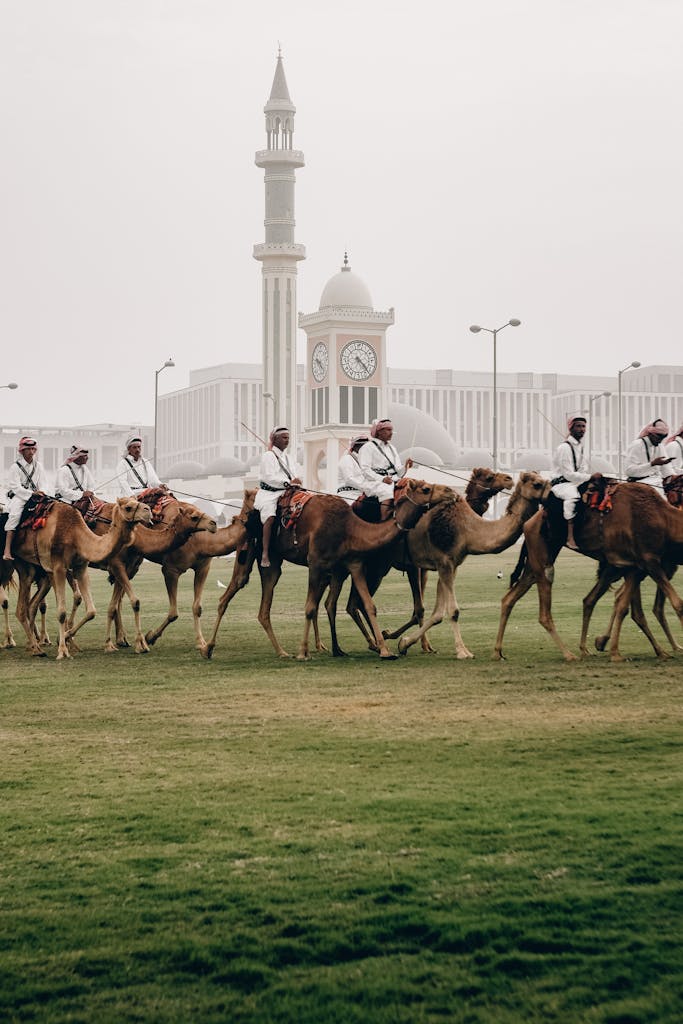 Group of riders on camels parading in front of a mosque in Doha, Qatar.